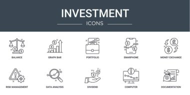 Rapor için denge, grafik çubuğu, portföy, akıllı telefon, para değişimi, risk yönetimi, veri analiz vektör simgeleri, sunum, diyagram, web tasarımı gibi 10 ana hatlı web yatırım simgesi seti,