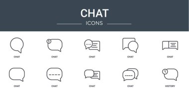 Rapor için sohbet, sohbet, vektör simgeleri, sunum, diyagram, web tasarımı, mobil uygulama gibi 10 ana hatlı sohbet simgesi seti