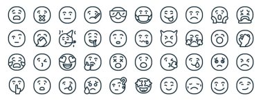 Kapa çeneni, şüphe, ağla, sus, esne, kusmuk, rapor için maske simgeleri, sunum, diyagram, web tasarımı, mobil uygulama gibi 40 ana hatlı gülen ikon seti