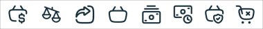 Coreicon bankacılık çizgisi simgelerinin ana hatları. usd, karşılaştırma, paylaşım, sepet, ödeme, geç ödeme, koruma, silme gibi doğrusal vektör simgeleri