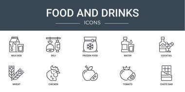 Rapor için 10 ana hatlı web yiyecek ve içecek ikonu: süt kutusu, şarküteri, donmuş yiyecek, su, kokteyl, buğday, tavuk vektör simgesi, sunum, diyagram, web tasarımı, mobil uygulama