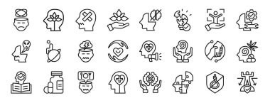 Depresyon, pozitif akıl, travma, terapi, damga, stratejiler, rapor için vücut imajı ikonları, sunum, diyagram, web tasarımı, mobil uygulama gibi 24 ana hatlı zihinsel sağlık ikonu seti