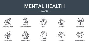 Madde bağımlılığı, bilişsel davranış, travma sonrası stres bozukluğu, pozitif zihin, psikolog, rapor, sunum, diyagram, web gibi 10 ana hatlı zihinsel sağlık ikonu seti