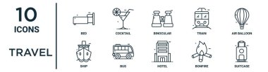 seyahat çizgisi simgesi seti örneğin ince çizgi yatak, dürbün, hava balonu, otobüs, şenlik ateşi, bavul, rapor için gemi simgeleri, sunum, diyagram, web tasarımı