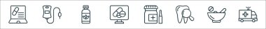 Hücre element çizgisi simgelerinin ana hatları. Online eczane, kan torbası, hap, internet eczanesi, hap, diş bakımı, hap, ambulans gibi doğrusal vektör simgeleri