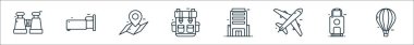 Seyahat çizgisi simgeleri dizisi. dürbün, yatak, harita ve konum, sırt çantası, otel, uçak, bavul, hava balonu gibi doğrusal vektör simgeleri