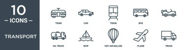 Taşıma ana hatları simgesi seti ince hat tramvay, tren, otobüs, petrol kamyonu, rapor için gemi simgeleri, sunum, diyagram, web tasarımı içerir