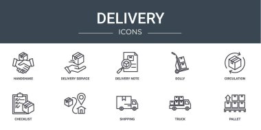 El sıkışma, dağıtım servisi, dağıtım notu, dolly, tiraj, kontrol listesi, rapor için vektör simgeleri, sunum, diyagram, web tasarımı, mobil uygulama gibi 10 ana hatlı web dağıtım simgesi seti