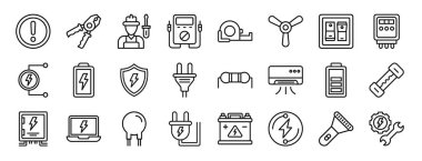 Rapor, sunum, diyagram, web tasarımı, mobil uygulama gibi 24 ana hatlı elektrik ikonu seti: tehlike, pense, elektrikçi, multimetre, ölçüm, fan, ışık anahtarı vektör simgesi