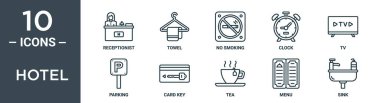 Otel ana hatları simgesi seti ince çizgi resepsiyonisti, havlu, sigara içilmez, saat, televizyon, park yeri, rapor için kart anahtar simgeleri, sunum, diyagram, web tasarımı