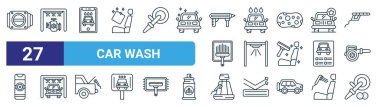 Gaza basma, motor, araba yıkama, araba yıkama, sprey, vakum, web tasarımı için ince çizgi simgeleri, mobil uygulama gibi 27 ana hatlı web yıkama ikonu seti.
