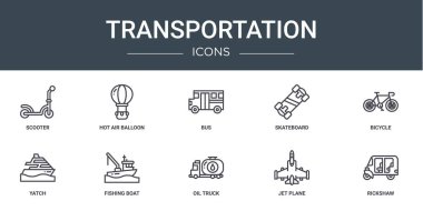 Rapor için scooter, sıcak hava balonu, otobüs, kaykay, bisiklet, yat, balıkçı teknesi vektör simgeleri, sunum, diyagram, web tasarımı, mobil uygulama gibi 10 ana hatlı ağ taşıma simgesi seti