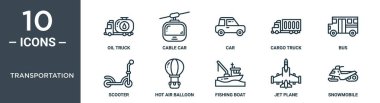 Ulaşım ana hatları simgesi seti ince çizgi yağ kamyonu, teleferik, araba, kargo kamyonu, otobüs, scooter, rapor için sıcak hava balonu simgeleri, sunum, diyagram, web tasarımı