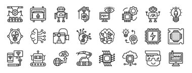 Taşıyıcı, sıcaklık kontrolü, robot, akıllı ev, izleme, mikroişlemci, rapor için robot vektör simgeleri, sunum, diyagram, web gibi 24 ana hatlı yapay zeka simgelerinden oluşan bir set