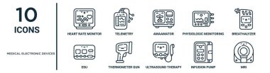 Tıbbi elektronik cihazlar, ince çizgi kalp atış hızı monitörü, amatör, alkol ölçer, termometre tabancası, infüzyon pompası, MRI, sunum, diyagram, web gibi ana hatları belirleyen ikon seti.