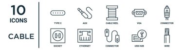 Rapor için ince çizgi tipi c, kablo makarası, bağlayıcı, ethernet, usb merkez, kablo, soket simgeleri, sunum, diyagram, web tasarımı gibi tasarım simgeleri