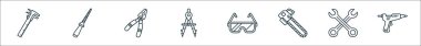 Marangozluk çizgisi simgelerinin ana hatları. Vernier caliper, rasp, pense, çizim pusulası, güvenlik gözlüğü, zincir testeresi, anahtar, yapıştırıcı tabancası gibi doğrusal vektör simgeleri