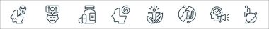 Zihinsel sağlık çizgisi simgelerinin ana hatları. Şizofreni, yeme bozukluğu, ilaç, akıl hastalığı, sağlık, sosyal destek, kampanya, yalnızlık gibi doğrusal vektör simgeleri