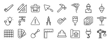 Rapor için testere, çizim araçları, alet kutusu, mala, çekiç, matkap, mühendis vektör simgeleri, sunum, diyagram, web tasarımı, mobil uygulama gibi 24 ana hatlı inşaat simgesi seti