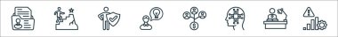 Kariyer çizelgesi ve liderlik çizgisi simgeleri. portföy, hırs, aktif kullanıcı, fikir, paydaş, veri analizi, öz çalışma, risk yönetimi gibi doğrusal vektör simgeleri