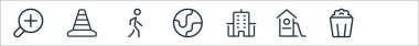 Çizgi simgeleri dizisi. Genişleme, yol çalışması, yürüyüş, dünya, daire, oyun alanı, depolama, patlamış mısır gibi doğrusal vektör simgeleri