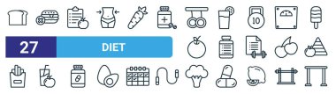 Pastane, hamburger, diyet, içecek, hap, diyet, brokoli, web tasarımı için ince çizgi ikonu, mobil uygulama gibi 27 ana hatlı web diyet ikonu seti.