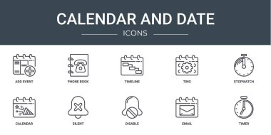 10 ana hatlı web takvimi ve ekleme olayı, telefon rehberi, zaman çizelgesi, ting, kronometre, takvim, rapor için sessiz vektör simgeleri, sunum, diyagram, web tasarımı, mobil uygulama gibi tarih simgeleri