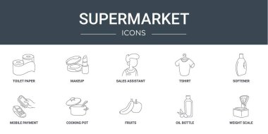 Tuvalet kağıdı, makyaj malzemesi, satış asistanı, tişört, yumuşatıcı, mobil ödeme, rapor için tencere vektör simgeleri, sunum, diyagram, web tasarımı gibi 10 ana hatlı süpermarket simgesi seti,