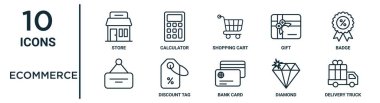 ecommerce ana hat simgesi seti, ince çizgi mağaza, alışveriş arabası, rozet, indirim etiketi, elmas, dağıtım kamyonu, rapor simgeleri, sunum, diyagram, web tasarımı gibi