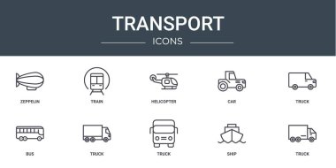 Rapor için zeplin, tren, helikopter, araba, kamyon, kamyon, kamyon vektör simgeleri, sunum, diyagram, mobil uygulama gibi 10 ana hatlı web taşıma simgesi seti