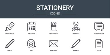 Rapor, sunum, diyagram, web tasarımı, mobil uygulama, cep telefonu, makas, yapışkan notlar, kalem, bant vektör simgeleri gibi 10 ana hatlı web kırtasiyesi simgesi kümesi