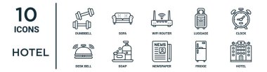 Rapor için ince çizgi halter, kablosuz ağ yönlendirici, saat, sabun, buzdolabı, otel, masa başı simgeleri, sunum, diyagram, web tasarımı gibi otel ana hatları simgesi seti