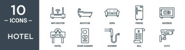 Otel ana hatları ikonu seti ince çizgi wifi router, banyo küveti, kanepe, buzdolabı, kasa kutusu, otel, kapı askı simgeleri rapor için, sunum, diyagram, web tasarımı içerir