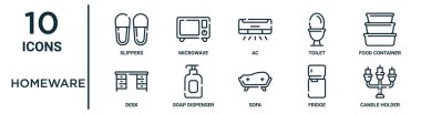 İnce çizgi terlikler, ac, yemek kabı, sabun dağıtıcısı, buzdolabı, mum tutucu, rapor için masa simgeleri, sunum, diyagram, web tasarımı gibi ev yazılımı ana hatları simgesi seti
