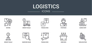 Rapor için derecelendirme, ağırlık ölçeği, kırılgan kutu, postacı, kargo gemisi, ağırlık ölçeği, barkod vektör simgeleri, sunum, diyagram, web tasarımı, mobil tasarım gibi 10 ana hatlı web lojistik simgesi seti