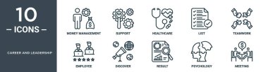 kariyer ve liderlik ana hatları simgesi seti ince çizgi para yönetimi, destek, sağlık hizmetleri, liste, takım çalışması, çalışanlar, rapor için simgeler, sunum, diyagram, web tasarımı