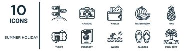 İnce çizgi, cüzdan, çam, pasaport, sandaletler, palmiye ağacı, rapor için bilet simgeleri, sunum, diyagram, web tasarımı gibi yaz tatili ana hatları simgesi