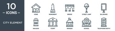 Şehir ögesi ana hatları seti ince çizgi ev, anıt, köprü, sokak lambası, reklam panosu, posta kutusu, rapor için adliye simgeleri, sunum, diyagram, web tasarımı içerir