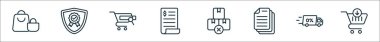 Çevrimiçi alışveriş hattı simgelerinin ana hatları. Alışveriş çantası, garanti, arama çubuğu, fatura gibi doğrusal vektör simgeleri, stok dışı, koleksiyon, ücretsiz dağıtım, satın alma