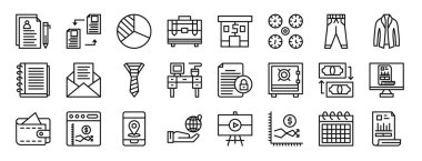 Rapor, sunum, diyagram, web tasarımı, mobil uygulama gibi 24 ana hatlı web iş simgesinden oluşan bir set.