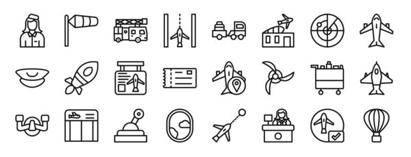 set of 24 outline web aviation icons such as air hostess, windsock, truck, runway, baggage truck, building, radar vector icons for report, presentation, diagram, web design, mobile app