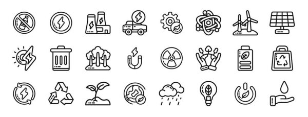 set of 24 outline web sustainable energy icons such as no plastic bottles, energy, power plant, electric car, sustainability, science, wind mill vector icons for report, presentation, diagram, web