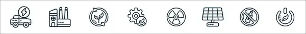 outline set of sustainable energy line icons. linear vector icons such as electric car, factory, ecology, sustainability, nuclear, solar panel, no plastic bottles, power button