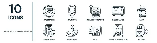 Tıbbi elektronik cihazlar, ince çizgi kalp pili, bebek kuvözü, iabp, nebulizer, tıbbi sulama pompası, tutucu, sunum için solunum simgeleri, diyagram, web gibi ikon setleri