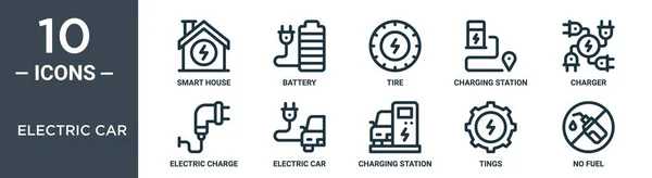 elektrikli araba taslak simgesi seti ince çizgi akıllı ev, pil, lastik, şarj istasyonu, şarj aleti, elektrik yükü, rapor için elektrikli araba simgeleri, sunum, diyagram, web tasarımı içerir