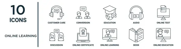 İnce çizgi müşteri bakımı, eğitim, çevrimiçi test, çevrimiçi sertifika, kitap, eğitim, rapor için tartışma simgeleri, sunum, diyagram, web tasarımı gibi çevrimiçi öğrenim ana hatları simgesi seti