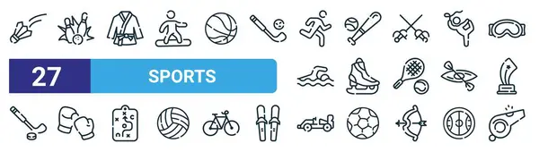 Badminton, bowling, karate, beyzbol, buz pateni, boks, yarış, web tasarımı için ıslık vektörü ince çizgi simgeleri, mobil uygulama gibi 27 ana hatlı web sporu ikonu.