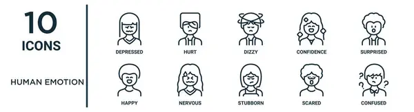 human emotion outline icon set such as thin line depressed, dizzy, surprised, nervous, scared, confused, happy icons for report, presentation, diagram, web design
