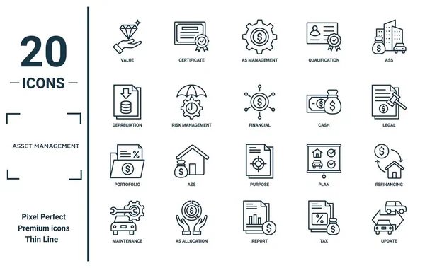 Stock vector asset management linear icon set. includes thin line value, depreciation, portofolio, maintenance, update, financial, refinancing icons for report, presentation, diagram, web design