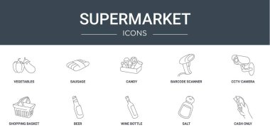 Sebze, sosis, şeker, barkod tarayıcı, ccTV kamera, alışveriş sepeti, rapor için bira vektör simgeleri, sunum, diyagram, web tasarımı, mobil uygulama gibi 10 ana hatlı süpermarket simgesi seti
